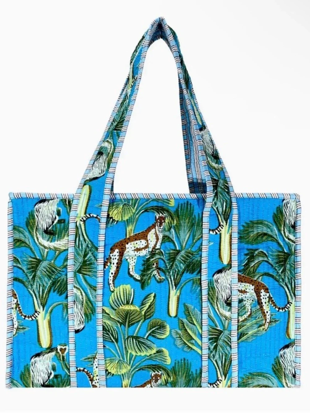 100% Cotton Blue Handmade Beach Tropical Tote Bag L Safari Summer Vacation